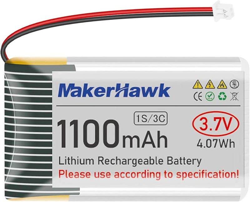 MakerHawk 3.7V 1100mAh LiPo Battery Rechargeable 1S 102540 Lithium Polymer Battery with Protection Board Insulated Rubber Tape, Micro JST 1.25 Plug for Arduino ESP32 Development Board (1 Pack) - Image 1